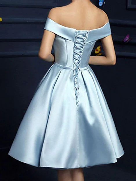 Luolandi Sweetheart A Line Light Blue Satin Off-the-Shoulder Short Prom Dress Lovely Homecoming Dress Cute Party Dress Formal Dress